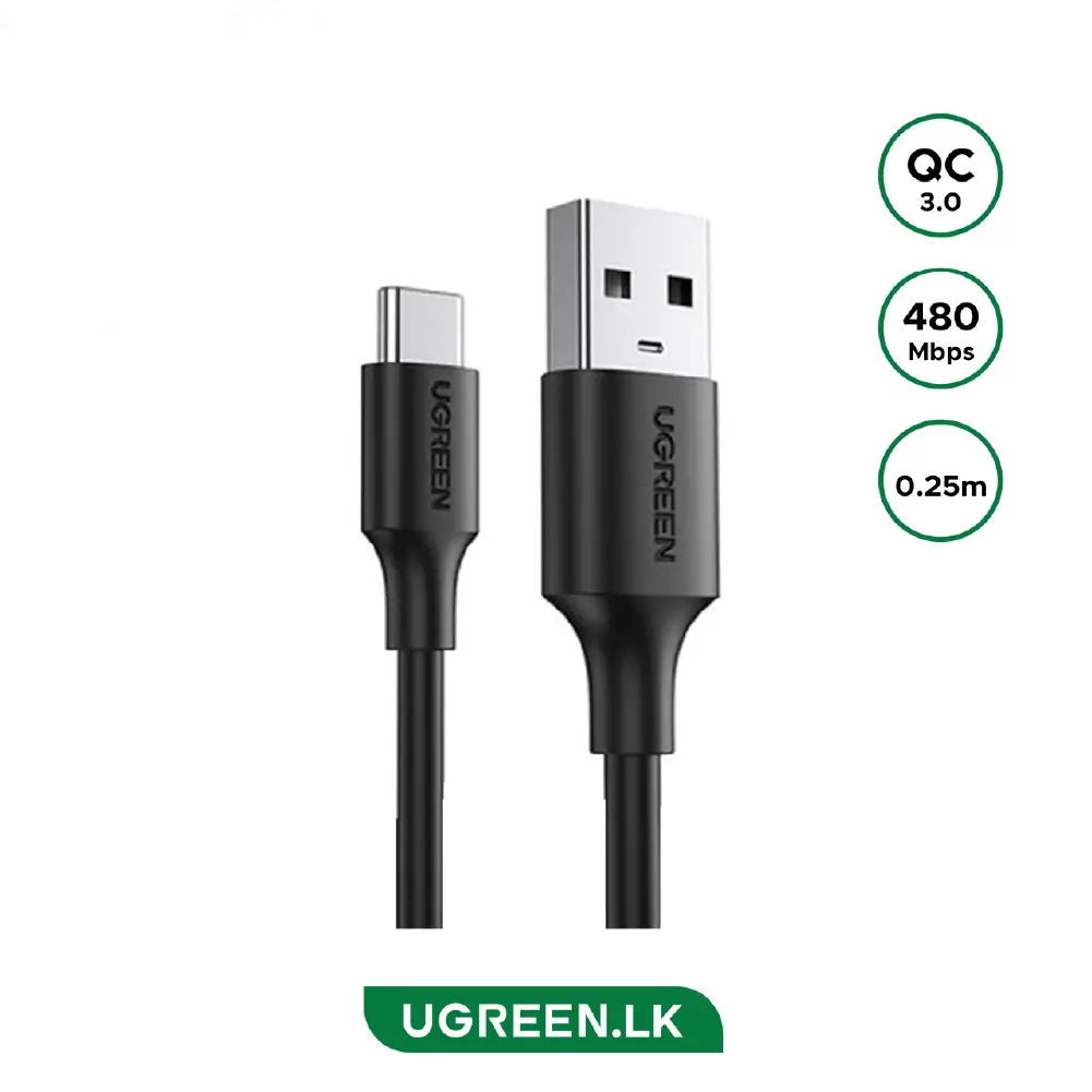 UGREEN USB-A to USB-C cable, 0.25 m, black, supports QC 3.0 and up to 480 Mbps