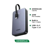 UGREEN 20000mAh 20W Power Bank  with Integrated Type-C Cable - PB505 - 45762 - 1 Year Warranty