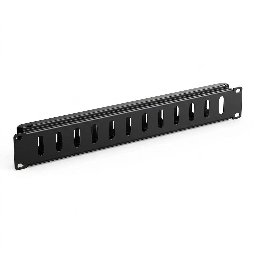 Black metal 19-inch rack-mount panel with evenly spaced oval ventilation holes and mounting ears at each end.
