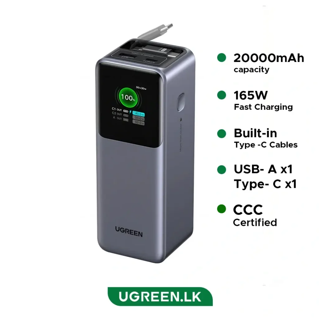 Portable UGREEN power bank with built-in USB-C and Type-C cables; 20000mAh, 165W fast charging, CCC certified. Logo and product display shown beside feature bullets.