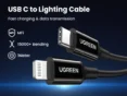UGREEN USB‑C to Lightning cable with black and metallic ends, showing dual connectors and product text: 'USB C to Lighting Cable' and feature labels (MFi, 15000+ Bending, 1 Meter).