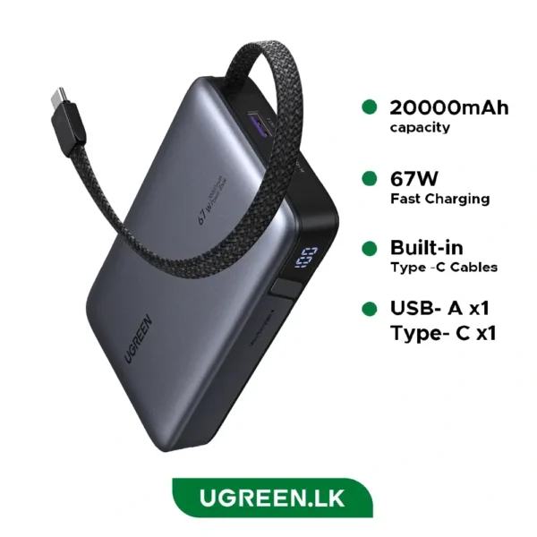 Power bank with braided USB-C cable showing 20000mAh capacity, 67W fast charging, built-in Type-C cables, and USB-A to Type-C ports (UGREEN).