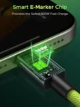 Close-up of a USB‑C plug with a glowing green 100W E‑Marker chip, overlaid text reads 'Smart E‑Marker Chip' and 'Provides the Safest 100W Fast Charge'.