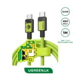 UGREEN Type-C to Type-C nylon-braided cable, 1m, 100W, 480 Mbps, neon green with product branding visible on cable ends and tag.