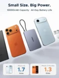 Floating lineup of iPhones and a compact power bank, with the headline 'Small Size. Big Power. 10000mAh Capacity • All-Day Battery Life' in the background, suggesting a portable charger advertisement.