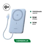 UGREEN Qi2 10000mAh power bank with 15W wireless and 30W wired charging, shown with USB‑C cable