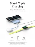 Smart Triple Charging: a phone, smartwatch, and wireless earbuds charging simultaneously on a multi-device dock at once by the same station.