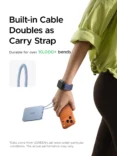 Product ad: person holding an orange phone with a built-in cable carry strap; bold headline: 'Built-in Cable Doubles as Carry Strap'.