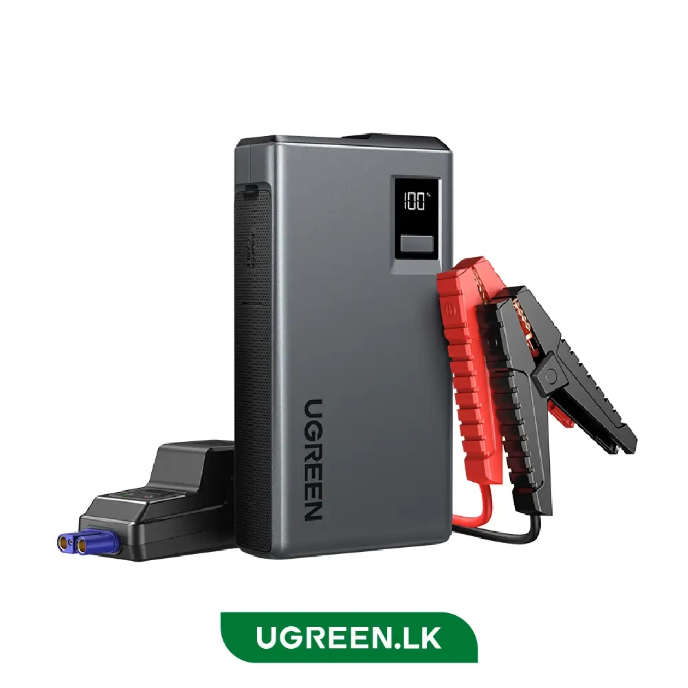 UGREEN portable jump starter with red and black battery clamps attached to the unit; display shows 100