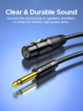 XLR to 1/4-inch audio cable on a blue background; title reads 'Clear & Durable Sound' and it notes connecting a microphone to speakers or mixers.