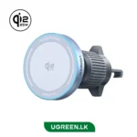 UGREEN Qi2 25W wireless car charger mounted on a car mount with blue ring, showing branding on the front plate and logo UGREEN.
