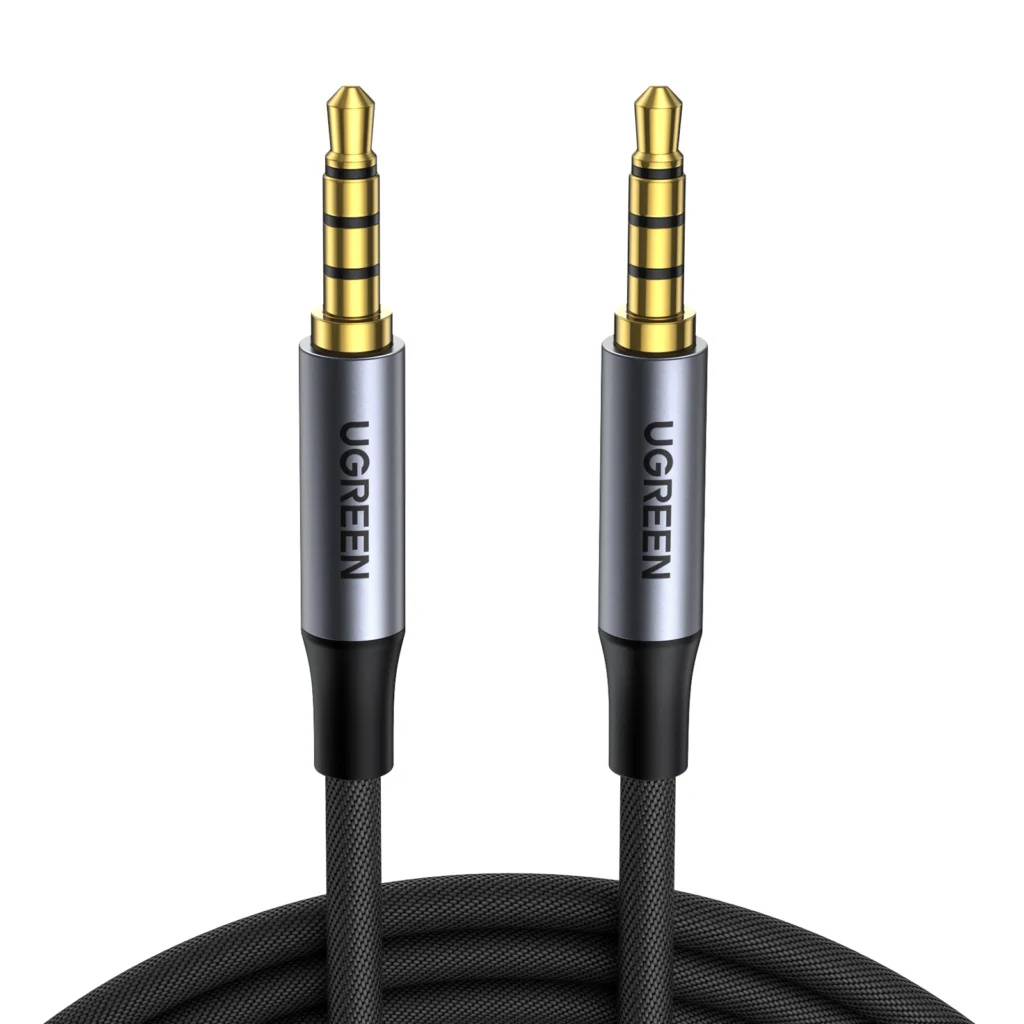 Two gold-plated 3.5 mm audio plugs on a black braided cable, shown side by side against a white background (audio headphone splitter/dual jack).