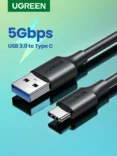 UGREEN USB-C to USB-A cable with both connectors visible, highlighting 5 Gbps USB 3.0 data transfer on a gradient background.
