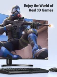 Monitor displays a soldier firing a rifle from a 3D game, with a keyboard and mouse in the foreground and the caption 'Enjoy the World of Real 3D Games'.