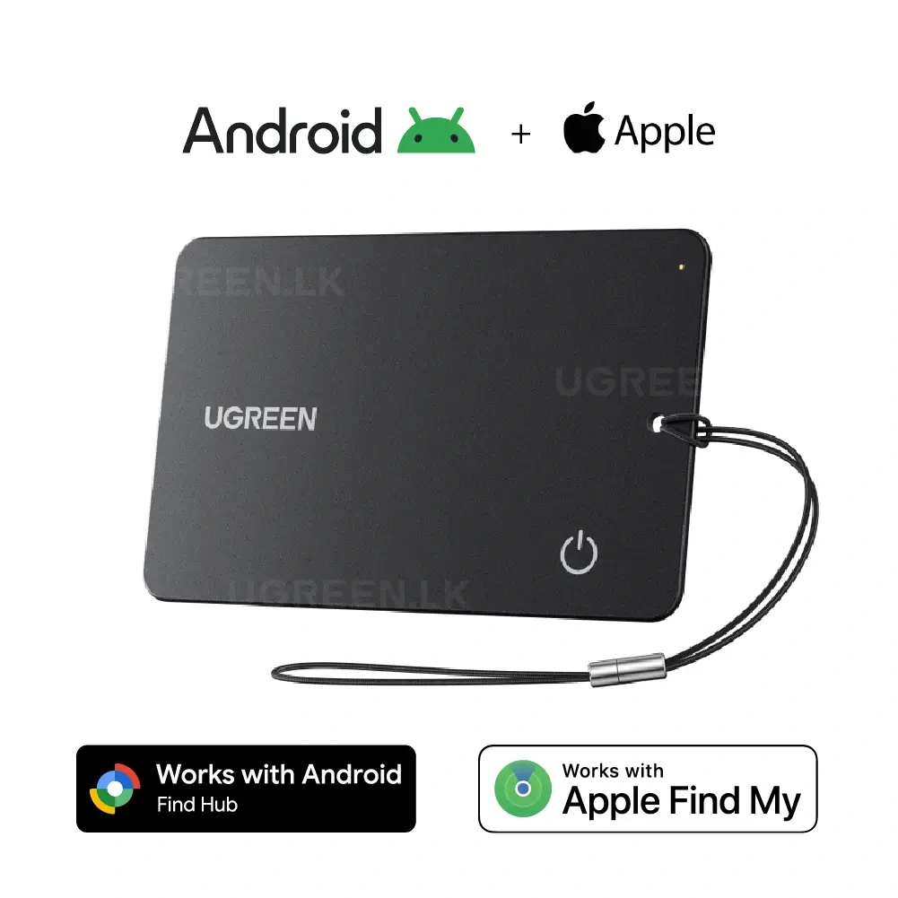 Black UGREEN power bank with a wrist strap, promoting compatibility with Android Find Hub and Apple Find My badges on the bottom edge.