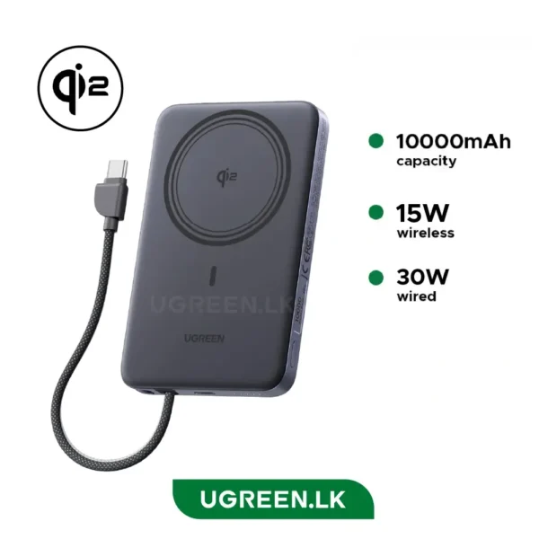 UGREEN 10000mAh power bank with Qi2 logo; 15W wireless, 30W wired charging, UGREEN.LK branding.
