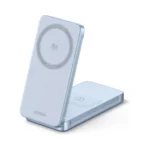 Light blue wireless charging stand with a circular charging pad on the top panel and the brand name UGREEN on the front.