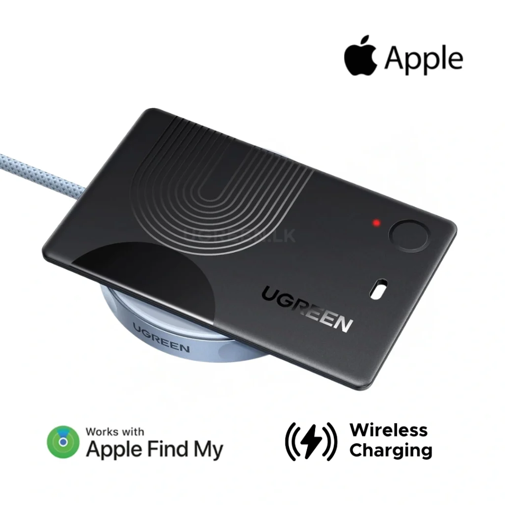 Black smartphone resting on a circular wireless charger pad labeled UGREEN; shows a red power indicator and markings for Apple Find My and wireless charging features with Apple branding in the corner.