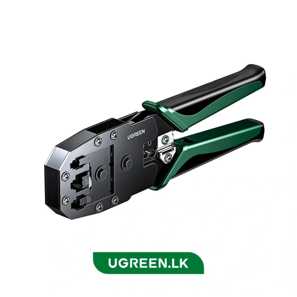 Crimping tool with black and green handles, metal head labeled UGREEN, angled diagonally; UGREEN.LK logo beneath.