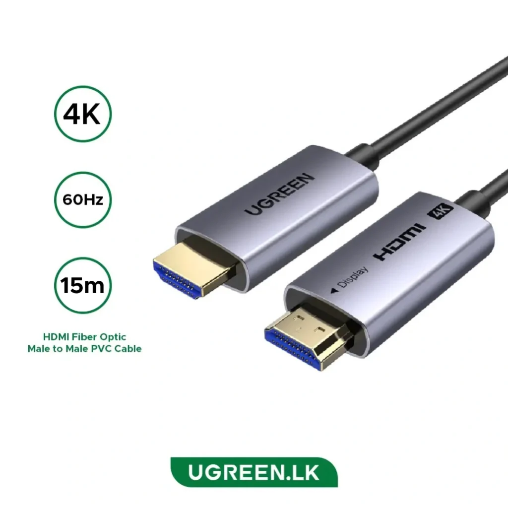 UGREEN HDMI fiber optic cable, male-to-male connectors, 4K at 60Hz, up to 15 meters.